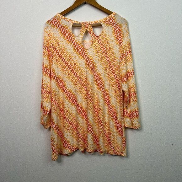 Chico’s Women’s Orange Multicolor Printed Rayon 3/4 Sleeve Keyhole Top Sz 3 (XL) - Picture 8 of 13